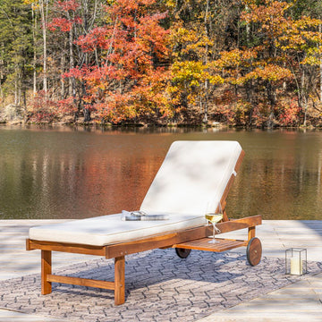 Seabrook Outdoor Acacia Wood Lounger with Cushion, 5-Position Back, Slide Table & Wheels - JONATHAN Y